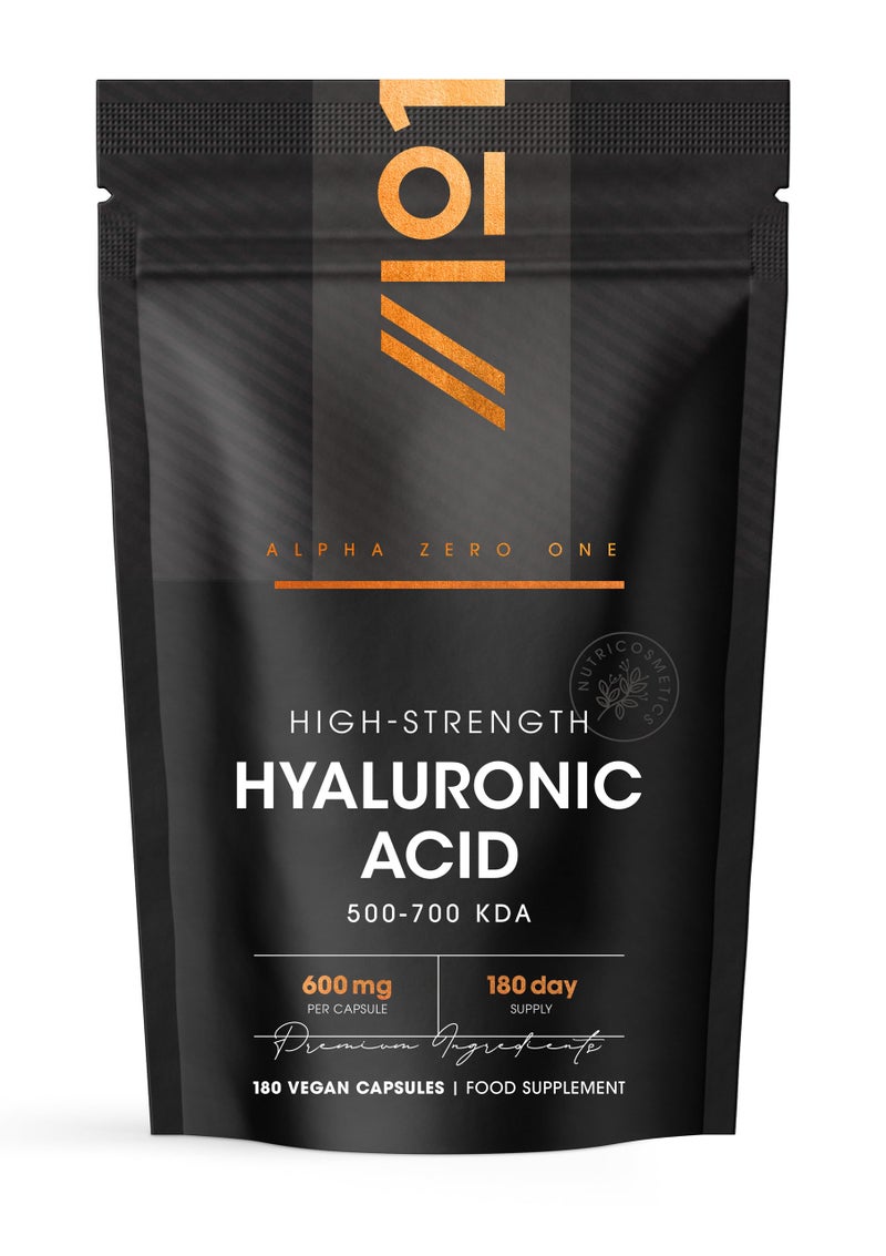 مكمل حمض الهيالورونيك 600 ملغ (500-700 كيلودالتون) - 180 كبسولة نباتية ثلاثية القوة لحمض الهيالورونيك - إمداد لمدة 6 أشهر - مكمل طبيعي للبشرة والشعر والمفاصل للنساء والرجال - امتصاص فائق